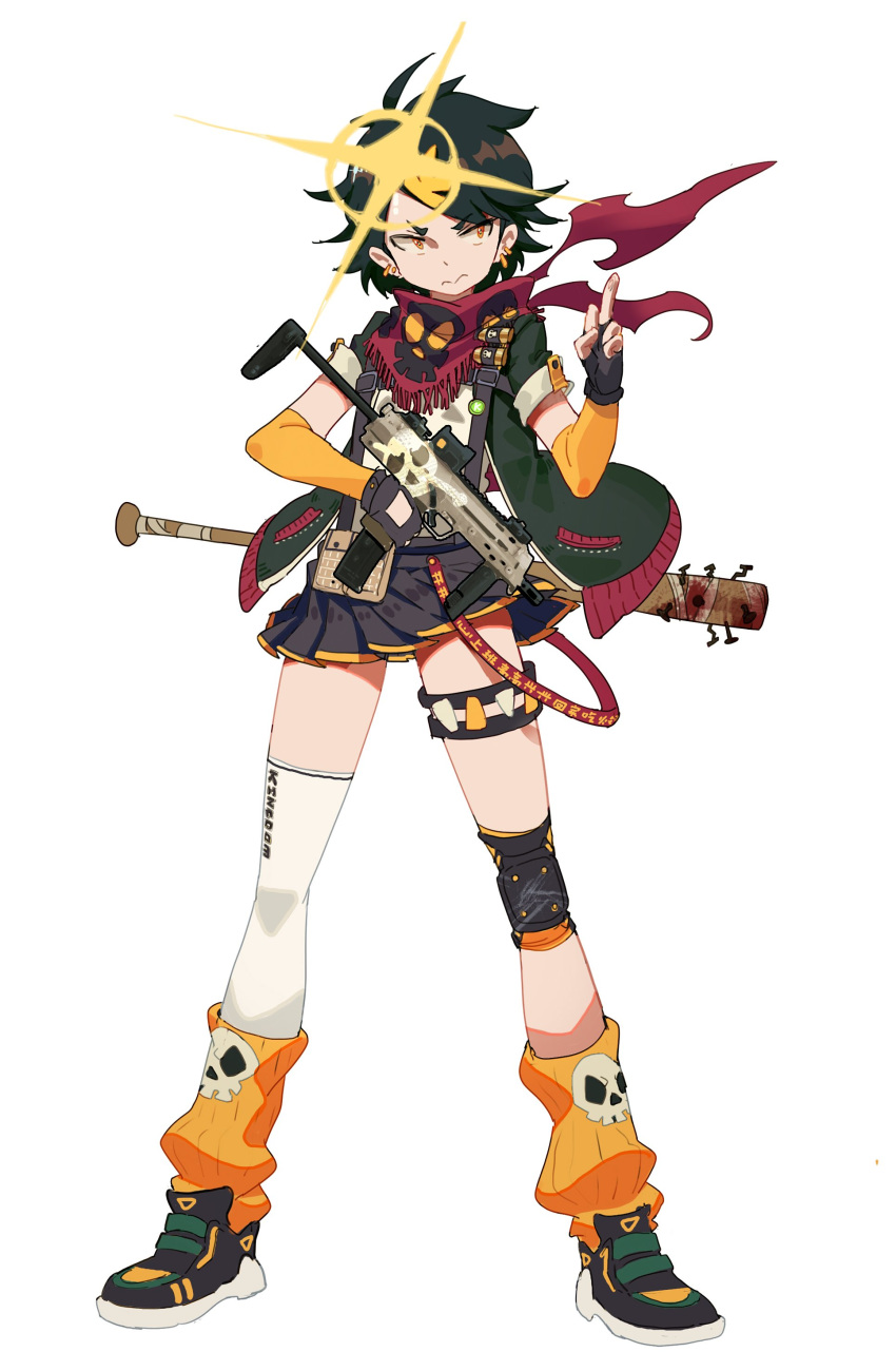 1girl 3: absurdres ahoge baseball_bat bat black_hair chinese_commentary commentary_request earrings fingerless_gloves full_body girls'_frontline gloves gun highres holding holding_gun holding_weapon jewelry klin_(girls'_frontline) knee_pads leg_warmers letter_hair_ornament middle_finger nail nail_bat orange_eyes pouch prototype scarf shoes short_hair short_sleeves simple_background single_knee_pad single_thighhigh skirt skull skull_print sneakers solo standing tactical_clothes thigh_strap thighhighs waterkuma weapon white_background white_legwear