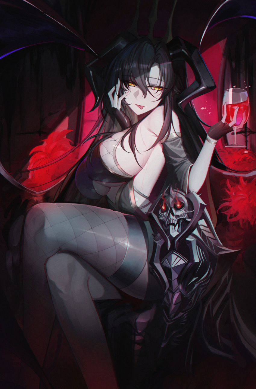 1girl :p absurdres bangs black_hair breasts character_request copyright_request crossed_legs cup demon_girl demon_horns demon_wings feet_out_of_frame fingerless_gloves fishnet_legwear fishnets flaming_eye glass gloves hair_between_eyes hand_on_own_cheek hand_on_own_face highres holding holding_cup horns large_breasts long_hair orn sideboob sitting skull solo thighhighs tongue tongue_out underboob wings yellow_eyes