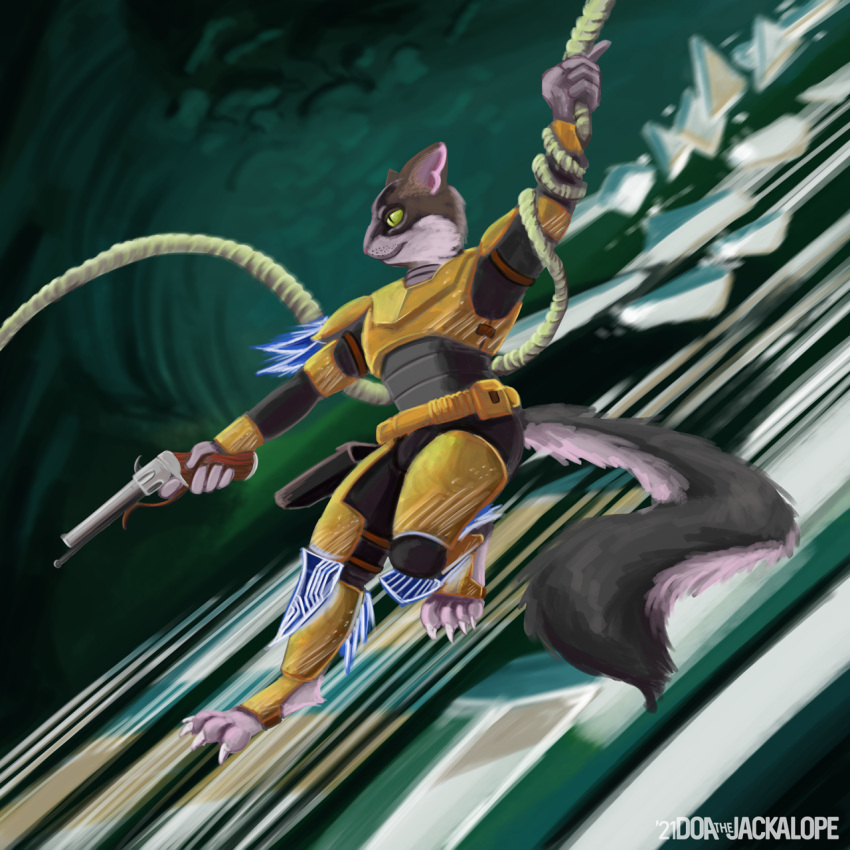 anthro destiny_2 doathejackalope domestic_cat felid feline felis gun hi_res maine_coon male mammal ranged_weapon solo weapon