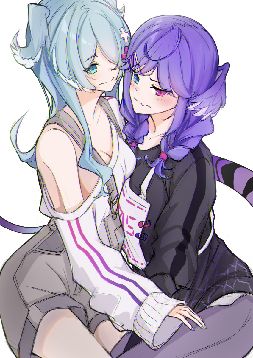 2girls absurdres bangs black_sweater blue_eyes blush braid breasts cleavage collarbone dragon_tail elira_pendora eyebrows_visible_through_hair fang fang_out from_side grey_overalls hair_over_one_eye hand_on_another's_thigh head_wings heterochromia highres leah_(134aah) medium_breasts medium_hair multiple_girls nijisanji nijisanji_en off_shoulder overall_shorts overalls purple_eyes selen_tatsuki siblings sisters sitting skin_fang sweater tail twin_braids virtual_youtuber