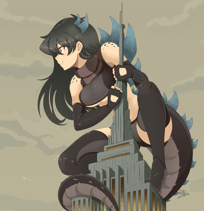 1girl absurdres bad_id bad_twitter_id bangs black_bra black_footwear black_gloves black_hair black_legwear black_panties boots bra breasts building closed_mouth commentary crop_top elbow_gloves empire_state_building english_commentary eyebrows_visible_through_hair fang fang_out full_body giant giantess gloves godzilla_(series) godzilla_the_series high_heel_boots high_heels highres large_breasts long_hair looking_away monster_girl orange_eyes panties personification raps_(yohomeboyraps) revision skyscraper smile solo tail thigh_boots thighhighs underwear zilla_jr.