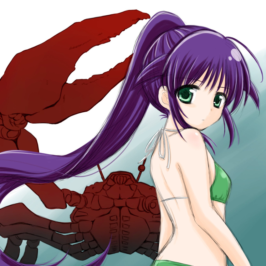 andou_mahoro bikini crab giant giant_monster green_bikini green_eyes highres mahoromatic purple_hair swimsuit yukio_6666