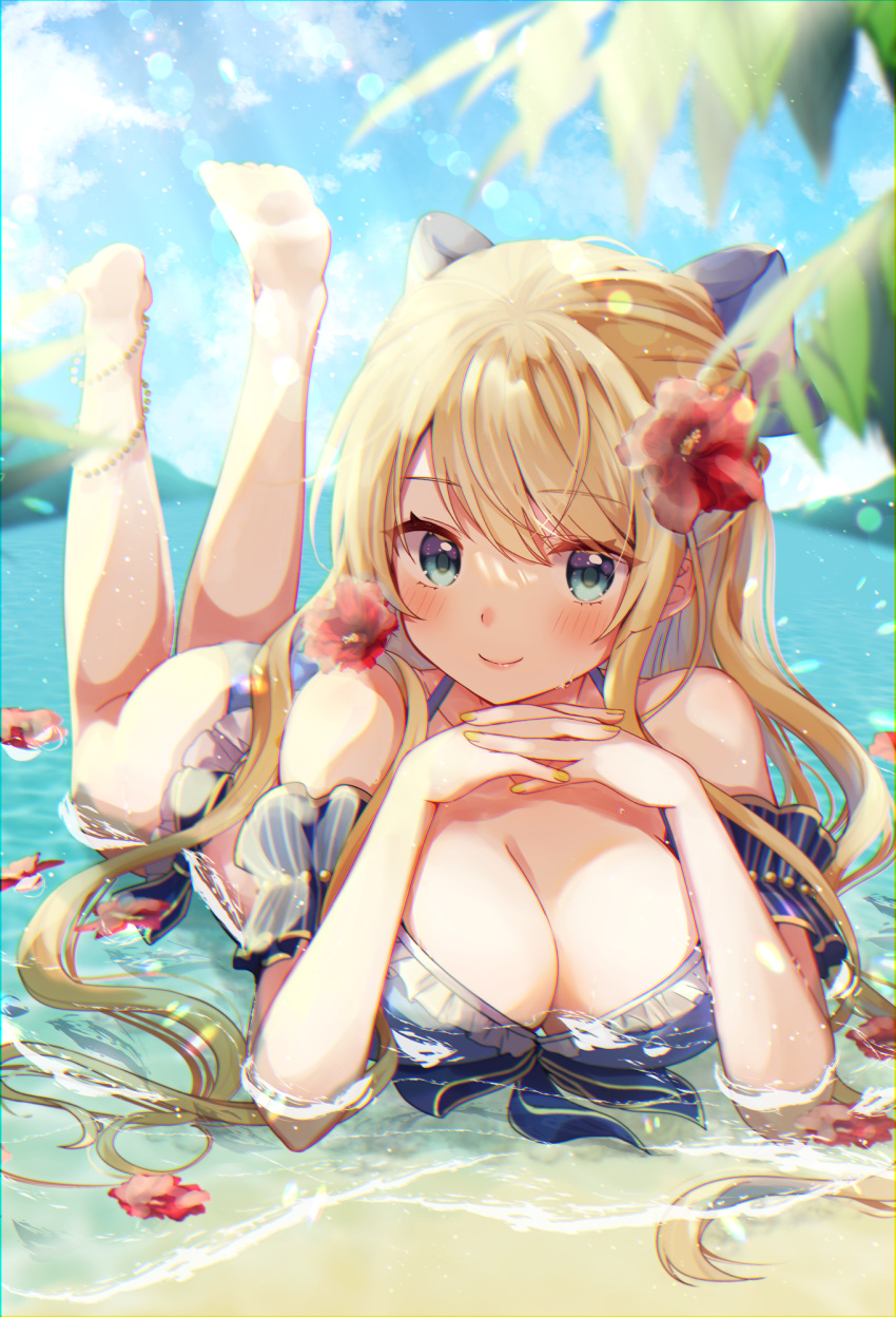1girl animal_ears anklet bangs barefoot bikini blonde_hair blue_bikini blue_sky breasts cleavage closed_mouth cloud collarbone day emori_miku_project emu_alice eyebrows_visible_through_hair feet feet_up flower frilled_bikini frills gomano_rio green_eyes hair_flower hair_ornament highres jewelry large_breasts long_hair looking_at_viewer lying nail_polish ocean on_stomach outdoors partially_submerged sky smile solo swimsuit