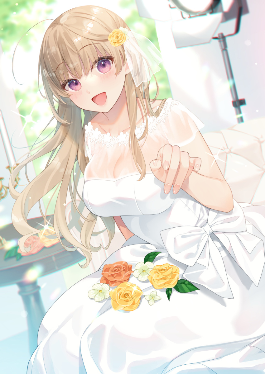 1girl :d ahoge bangs bare_arms bekotarou blonde_hair blunt_bangs blurry blush breasts bridal_veil bride candle candlestand cleavage collarbone commentary couch cowboy_shot day depth_of_field dress dutch_angle eyebrows_visible_through_hair eyelashes fingernails floating_hair flower glint hair_flower hair_ornament hand_up highres large_breasts long_hair looking_at_viewer nail_polish open_mouth original petals purple_eyes reaching_out rose see-through shiny shiny_hair sitting skindentation smile solo spotlight table veil wedding_dress white_dress yellow_flower yellow_rose