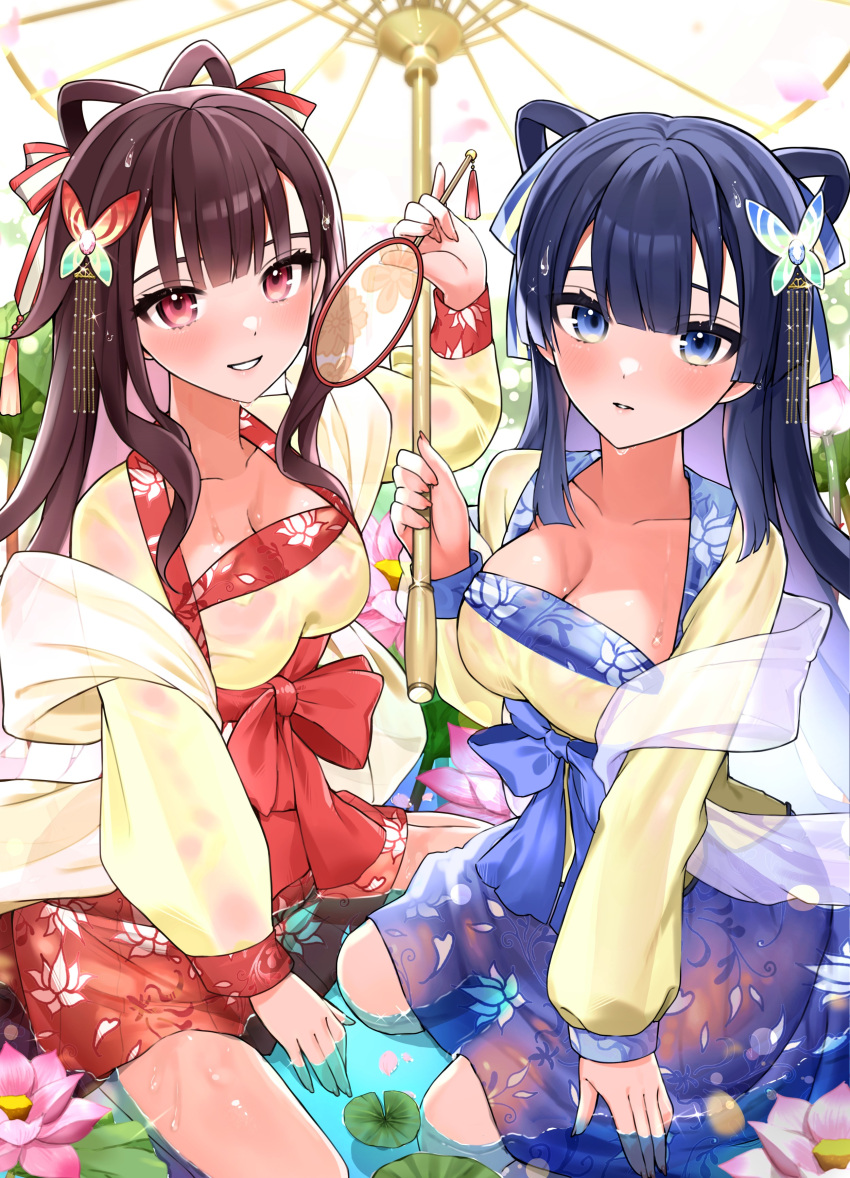 2girls absurdres bangs between_legs blue_dress blue_eyes blue_hair breasts brown_hair butterfly_hair_ornament cleavage collarbone dress eyebrows_behind_hair flower hair_ornament hair_ribbon hand_between_legs highres holding holding_umbrella large_breasts lily_pad long_hair long_sleeves looking_at_viewer medium_breasts moe2022 multiple_girls original parted_lips partially_submerged red_dress red_eyes ribbon see-through shallow_water siblings sitting smile tate_yukimi twins umbrella wariza water water_drop wet wet_clothes