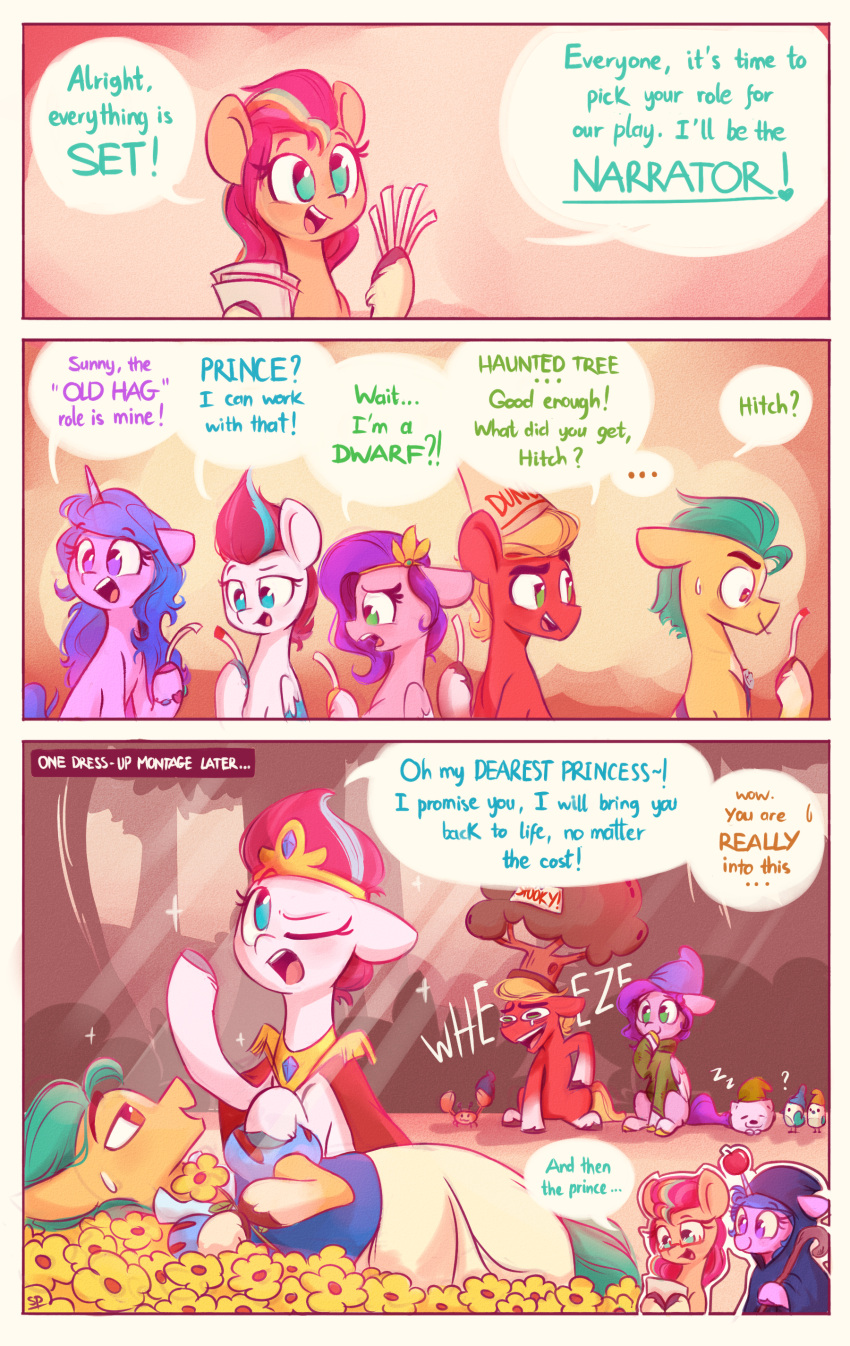 absurd_res clothing comic costume dialogue disney dunce_cap earth_pony english_text equid equine female flower hasbro hat headgear headwear hi_res hitch_trailblazer_(mlp) horn horse izzy_moonbow_(mlp) male mammal meme mlp_g5 my_little_pony pegasus pipp_petals_(mlp) plant playing pony scribble-potato sleeping_beauty_(1959) sprout_cloverleaf_(mlp) sunny_starscout_(mlp) text unicorn wheeze wings zipp_storm_(mlp)