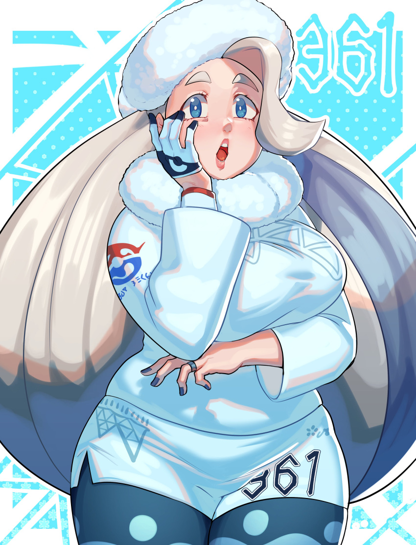 1girl absurdres barley_juice blue_eyes breasts fur_hat gloves hat highres large_breasts legwear_under_shorts long_hair looking_at_viewer mature_female melony_(pokemon) multicolored_hair open_mouth pantyhose plump pokemon pokemon_(game) pokemon_swsh shorts single_glove solo streaked_hair white_headwear