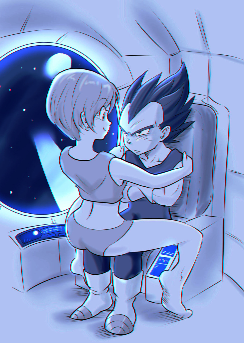 1boy 1girl black_hair blue_eyes blue_hair bulma dragon_ball highres interior kara_foo muscular short_hair space space_craft vegeta