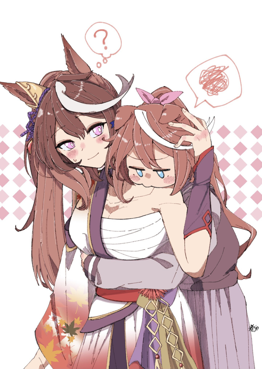 2girls ? animal_ears artist_name bangs blue_eyes blush_stickers breasts brown_hair cleavage commentary_request ears_down floral_print hadanugi_dousa hand_up head_tilt highres horse_ears hug hug_from_behind japanese_clothes jitome kimono large_breasts long_hair long_sleeves looking_at_another multicolored_hair multiple_girls pink_hair ponytail purple_shirt sarashi shirt smile spoken_squiggle squiggle streaked_hair sweatdrop symboli_rudolf_(umamusume) thought_bubble tokai_teio_(umamusume) umamusume upper_body zhu_(nitamagr)