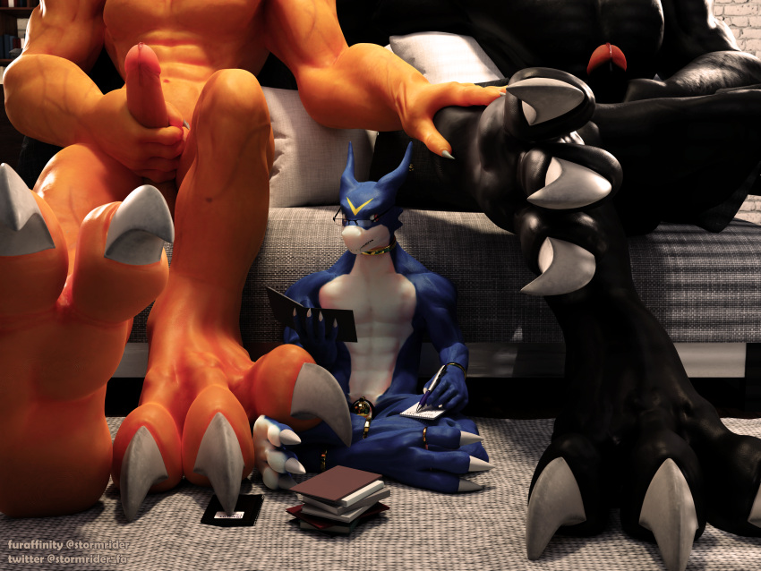 3d_(artwork) absurd_res ankle_cuffs bandai_namco blackwargreymon blender_(software) chastity_cage chastity_device claws cuff_(restraint) digimon digimon_(species) digit_ring digital_media_(artwork) distracted feet flamedramon foot_fetish foot_focus group hi_res hindpaw humanoid jewelry large_feet male male/male paws restraints ring stormrider studying toe_ring wargreymon wrist_cuffs