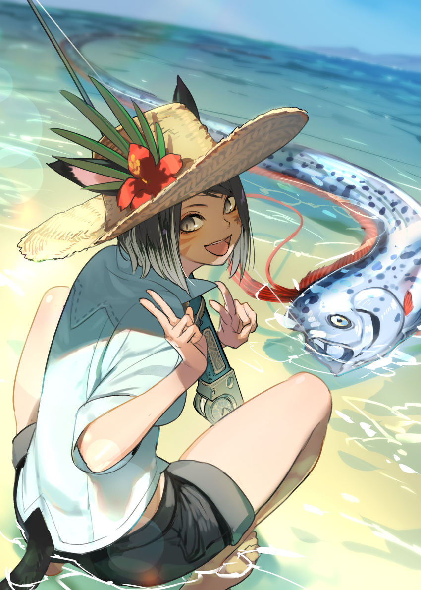1girl absurdres animal_ears avatar_(ff14) bangs barefoot beach black_eyes black_hair cat_ears cat_tail commission day double_v ears_through_headwear facial_mark final_fantasy final_fantasy_xiv fish fishing fishing_rod from_behind hat hide_(hideout) highres horizon looking_at_viewer looking_back miqo'te oarfish ocean open_mouth outdoors shirt short_hair shorts skeb_commission sleeves_rolled_up solo squatting straw_hat swept_bangs tail v water whisker_markings