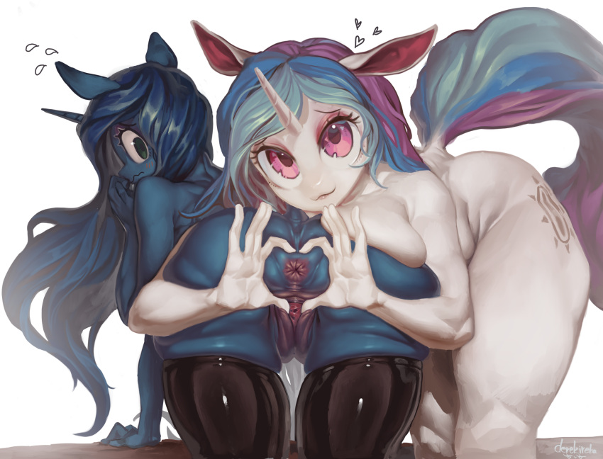 &lt;3 5_fingers anthro anus blue_body clothing cutie_mark derekireba dock duo equid equine eyelashes female female/female fingers friendship_is_magic genitals gesture hair hand_heart hasbro hi_res horn imminent_incest leggings legwear lips long_hair looking_at_viewer looking_back mammal multicolored_hair multicolored_tail my_little_pony nervous nude pink_eyes princess_celestia_(mlp) princess_luna_(mlp) pussy raised_tail sibling sister sisters smile spread_pussy spreading unicorn wavy_mouth white_body