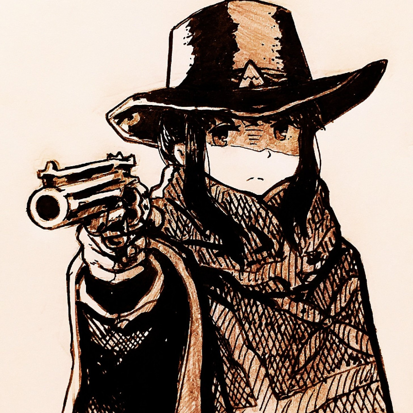 1girl aiming alternate_costume bangs gun hat highres looking_at_viewer monochrome poncho red_dead_redemption_2 revolver ryosharke shima_rin simple_background weapon yurucamp