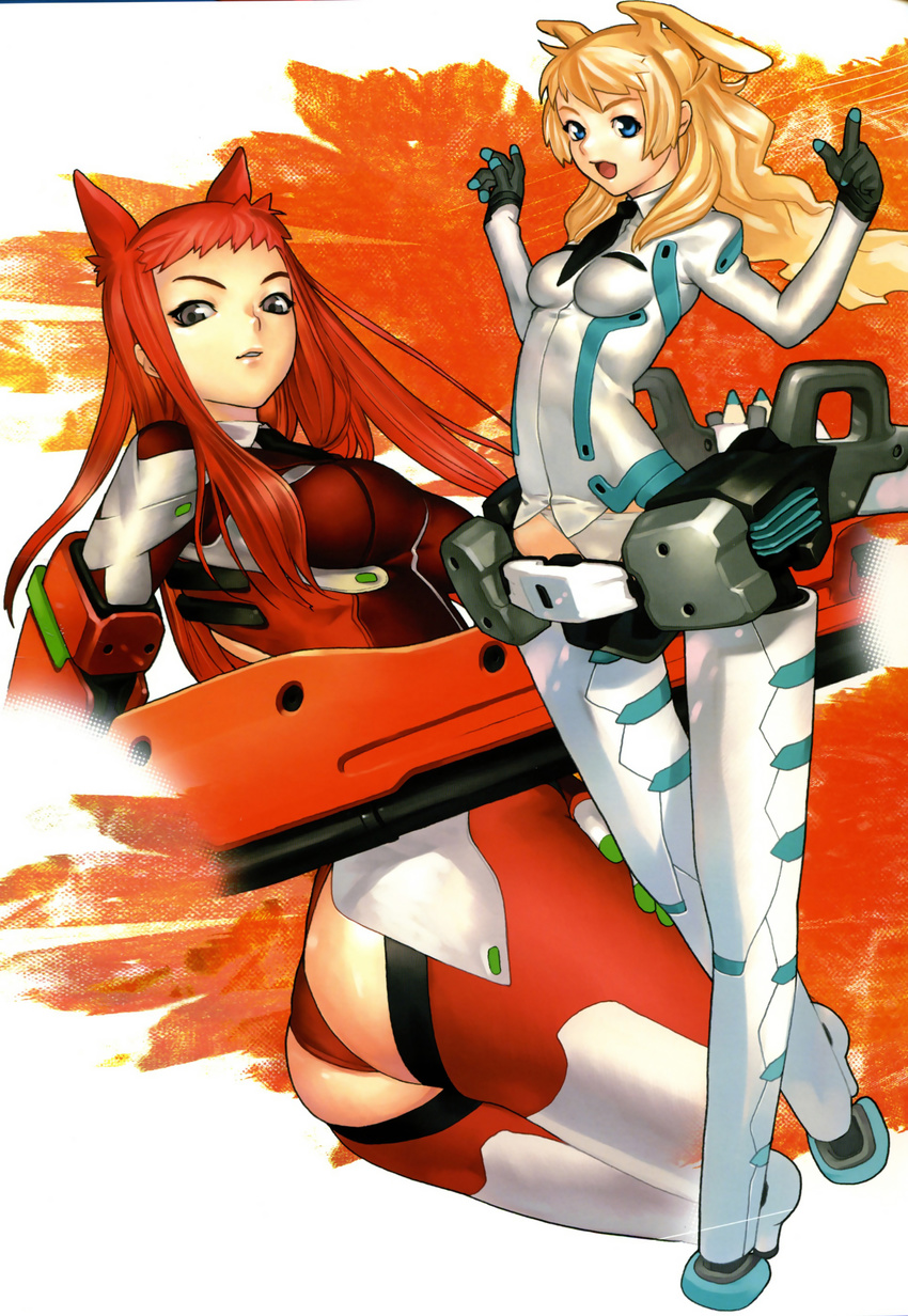 :d absurdres animal_ears ass bangs blonde_hair blue_eyes bodysuit boots breasts dutch_angle eulen_spiegel gloves grey_eyes gun hakua_ugetsu highres huge_weapon impossible_clothes kagerou_sabine_kurzringer large_breasts long_hair looking_at_viewer looking_back mecha_musume multiple_girls necktie official_art open_mouth outstretched_arms panties pointing profile red_hair red_panties scan sidelocks smile spread_arms standing thigh_boots thighhighs tiptoes underwear wavy_hair weapon white_legwear white_panties wind yuugiri_kunigunde_morenz