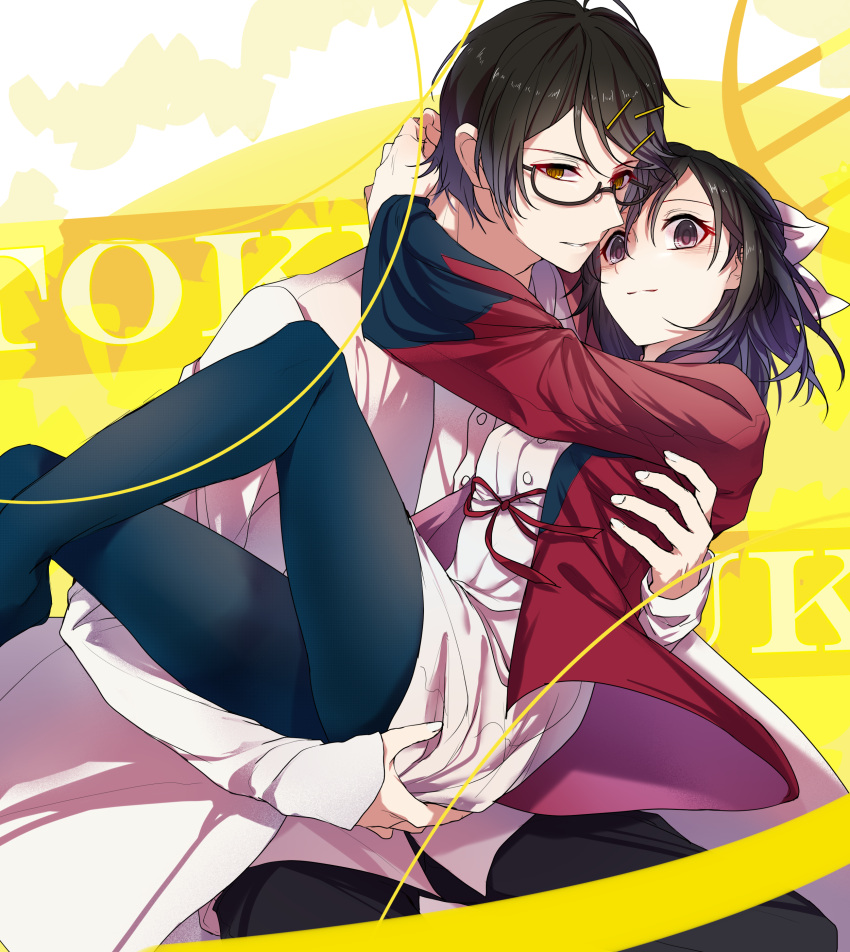 1boy 1girl absurdres black_hair blazer bow carrying chikong_ice coat glasses hair_bow hetero highres hug jacket labcoat long_sleeves multicolored_background orange_eyes paradigm_paradox purple_eyes red_jacket short_hair takanashi_yuuki tomitsuka_ryou white_background white_bow white_coat yellow_background