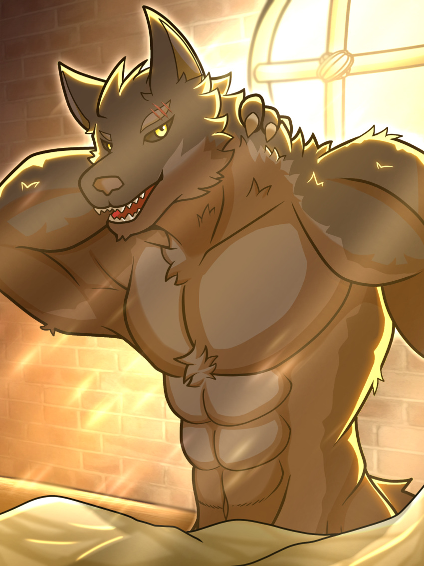 abs anthro black_body black_fur canid canine canis chest_tuft detailed_background dragokaizer666 fur hi_res looking_at_viewer male mammal muscular muscular_male pecs scar solo tuft waking_up wolf