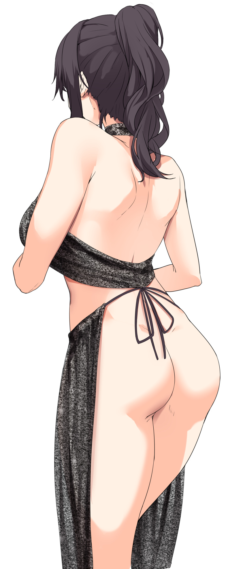 1girl absurdres ass back bare_back bare_shoulders black_dress black_hair dimples_of_venus dress facing_away from_behind grabbing grabbing_from_behind halter_dress halterneck highres jack_dempa medium_hair natsukawa_kuroba no_bra no_panties original ponytail revealing_clothes sidelocks simple_background solo standing white_background