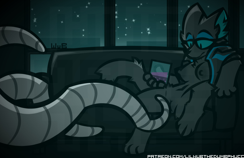 anthro at'harka_(jackwolf) beverage blue_sclera breasts clothing consentacles domestic_cat eyeliner felid feline felis female fur furniture genitals glass grey_body grey_fur hi_res holding_object hoodie inner_ear_fluff long_tail looking_down makeup mammal mostly_nude nipples on_sofa one_leg_up outside_view pussy raised_leg sex signature sitting sitting_on_sofa sky smile sofa solo star starry_sky tail tentacle_sex tentacles topwear tuft vaginal watermark window wub_(artist)