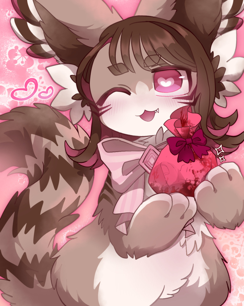 &lt;3 &lt;3_pupils 3_fingers :3 abstract_background anthro big_ears biped black_hair black_markings blood blush bodily_fluids bow_(feature) bow_accessory bow_ribbon brown_body brown_ears brown_fur brown_inner_ear brown_inner_ear_fluff brown_tail cheek_markings colored countershade_face countershade_fur countershade_hands countershade_torso countershading cute_fangs digital_media_(artwork) facial_markings featureless_crotch felid feline female fingers fluffy fluffy_ears fluffy_tail front_view fur gift gift_bow hair happy head_markings hi_res holding_gift holding_object holidays inner_ear_fluff kemono looking_at_viewer mammal markings mekkyaru mekya_(mekkyaru) multi_tone_fur multicolored_body multicolored_ears multicolored_fur multicolored_hair multicolored_tail naturally_censored neck_bow nude one_eye_closed open_:3 pink_background pink_bow pink_eyes pink_hair pink_ribbon portrait pupils ring_(marking) ringtail semi-anthro shaded simple_background solo standing tail tail_markings three-quarter_portrait tuft two_tone_hair two_tone_tail valentine's_day white_body white_countershading white_ears white_fur white_inner_ear_fluff white_pupils wide_hips wink