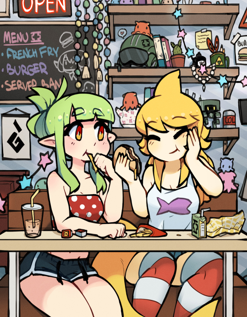 2girls artist_request breasts brown_eyes cleavage closed_eyes closed_mouth collaboration_request collarbone d-floe fish_tail green_hair head_fins highres indoors large_breasts menu_board multiple_girls original pointy_ears shark_girl shark_tail short_hair sitting table tail