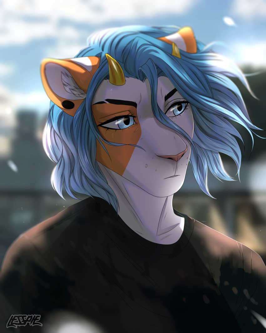 2022 anthro blue_eyes blue_hair clothed clothing day detailed_background digital_media_(artwork) eyebrows eyelashes felid feline hair hi_res horn lesspie male mammal outside sky