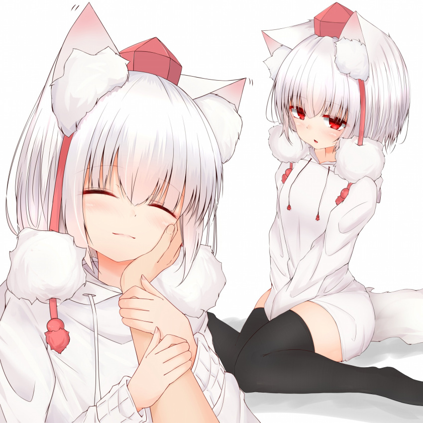 1boy 1girl animal_ears bangs black_legwear closed_eyes closed_mouth hand_on_another's_cheek hand_on_another's_face highres hood hoodie inubashiri_momiji jacket long_sleeves mamo_murata multiple_views open_mouth red_eyes short_hair simple_background sitting smile tail thighhighs touhou wariza white_background white_hair white_jacket wolf_ears wolf_girl wolf_tail