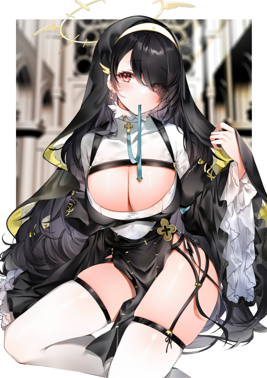1girl absurdres bangs black_dress black_hair blue_archive blurry blurry_background blush breasts brown_eyes cleavage cleavage_cutout clothing_cutout dress eyebrows_visible_through_hair garter_belt garter_straps habit hair_ornament hair_over_one_eye highres hinata_(blue_archive) large_breasts long_hair long_sleeves looking_at_viewer mouth_hold nun pelvic_curtain red_eyes sitting solo thighhighs thighs very_long_hair wavy_hair white_legwear yukineko1018