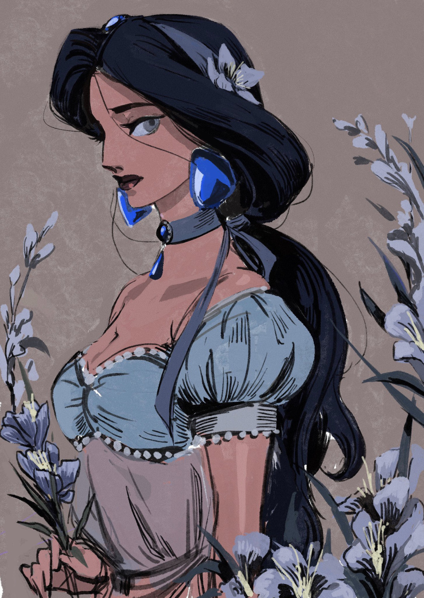 1girl aladdin_(disney) arms_at_sides bare_shoulders beige_background black_hair black_lips blue_choker blue_flower blue_hairband breasts choker cleavage dark-skinned_female dark_skin diadem earrings egyptian_clothes eyelashes flower from_side gori_matsu grey_eyes hair_flower hair_ornament hair_strand hairband highres holding holding_flower jasmine_(disney) jewelry leaf lips long_eyelashes long_hair low_ponytail medium_breasts off_shoulder pendant pendant_choker profile puffy_short_sleeves puffy_sleeves see-through shiny shiny_skin short_sleeves simple_background solo strapless thick_eyebrows thick_lips tube_top upper_body very_long_hair