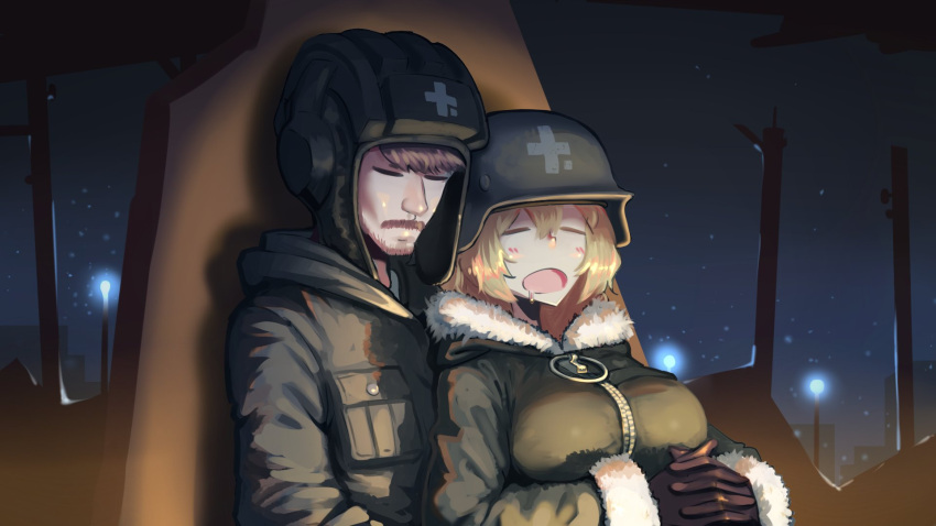 1boy 1girl black_gloves blonde_hair breasts brown_hair closed_eyes commission crossover drooling erica_(naze1940) facial_hair fur_trim gloves green_jacket helmet highres jacket large_breasts long_sleeves mustache night open_mouth original ruins second-party_source shoujo_shuumatsu_ryokou sleeping star_(sky) upper_body yuuri_(shoujo_shuumatsu_ryokou)