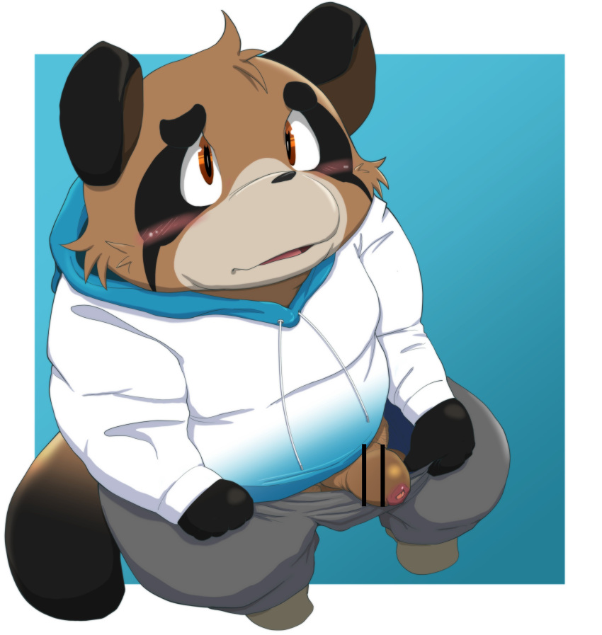 2022 absurd_res anthro belly black_nose blush brown_body canid canine censored clothing genitals hi_res hoodie humanoid_genitalia humanoid_hands humanoid_penis kemono male mammal overweight overweight_male penis raccoon_dog siretoko_panda solo tanuki topwear young