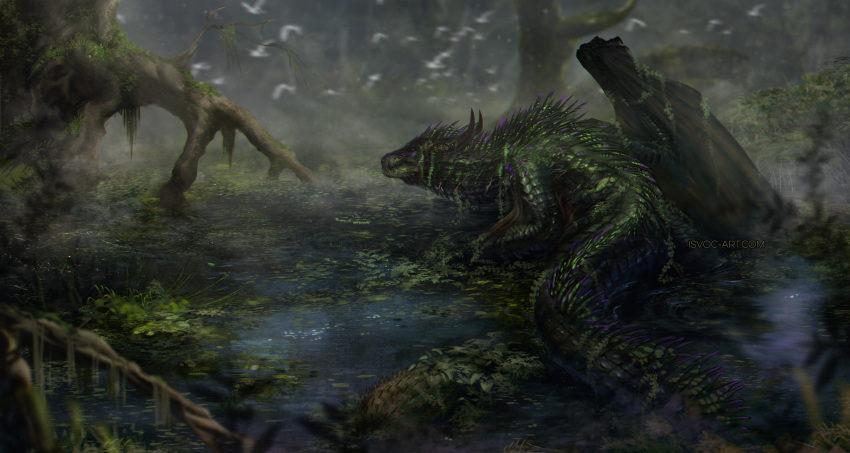2022 ambiguous_gender day detailed_background digital_media_(artwork) dragon feral hi_res isvoc lizard outside plant reptile scalie solo spines swamp tree water wingless_dragon