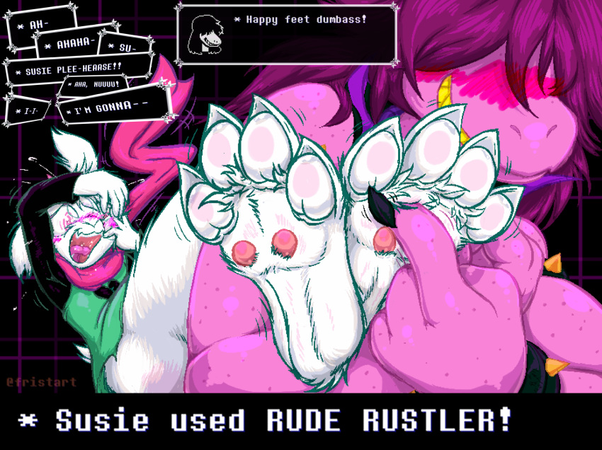 aged_up armband blush bovid bully bullying caprine deltarune dialogue dinosaur foot_fetish frist44 goat hi_res horn laugh mammal pawpads ralsei reptile scalie scarf smile smirk susie_(deltarune) tickling undertale_(series) video_games wristband