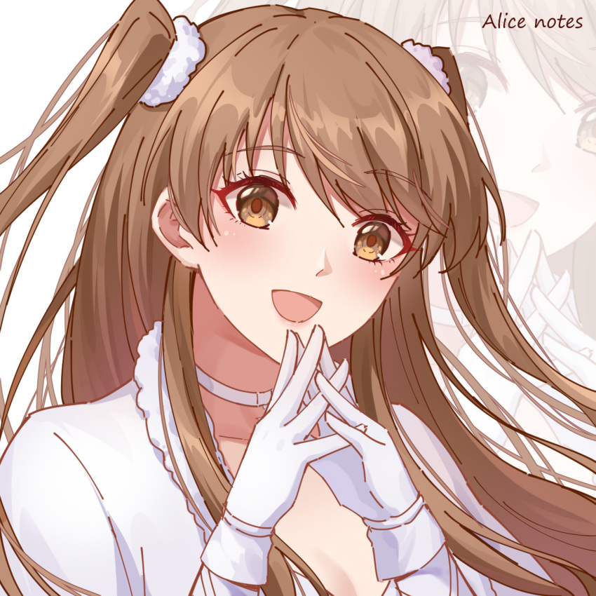 1girl :d artist_name bangs breasts brown_eyes brown_hair choker cleavage collarbone commentary_request english_text eyebrows_visible_through_hair eyelashes fur_trim gloves hair_ornament highres lips lixiang_guo_alice long_bangs long_hair looking_at_viewer ogiso_setsuna open_mouth own_hands_clasped own_hands_together smile solo twintails upper_body white_album_2 white_choker white_gloves yellow_eyes