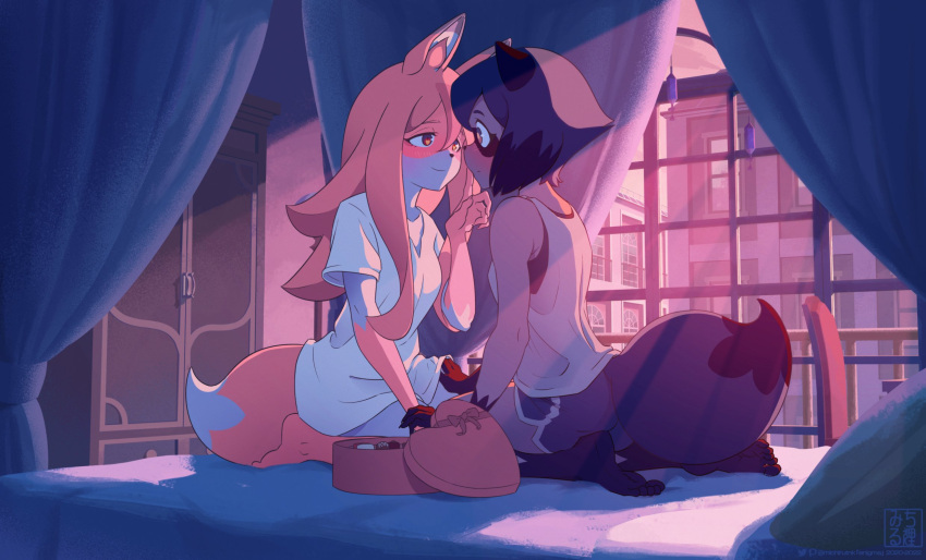 &lt;3 anthro bed blue_eyes blue_hair blush box_of_chocolates brand_new_animal breasts brown_body brown_fur candy canid canine chocolate clothed clothing daww dessert digital_media_(artwork) duo embrace face_to_face female female/female food fox fur furniture hair hand_holding heart_box hi_res holidays long_hair mammal michiru_kagemori nazuna_hiwatashi netflix on_bed pink_body pink_fur pink_hair raccoon_dog romantic romantic_ambiance romantic_couple studio_trigger tanuki topwear valentine's_day white_body white_fur エニグマ