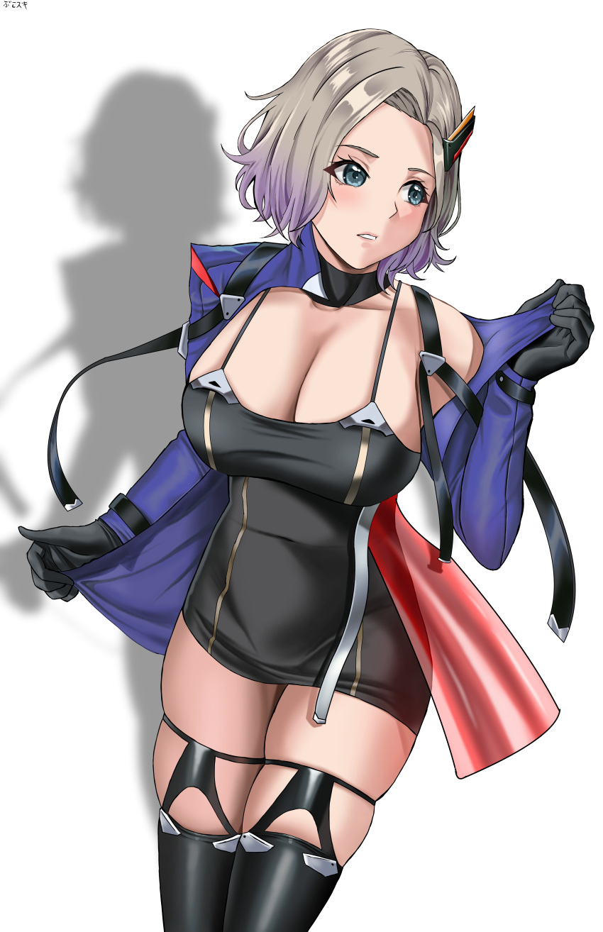 1girl absurdres arm_up azur_lane bangs black_dress black_gloves black_legwear blue_eyes blue_jacket blush breasts bukowiski cleavage collarbone dress eyebrows_visible_through_hair feet_out_of_frame gloves grey_hair hair_ornament hairclip highres jacket large_breasts looking_away new_orleans_(azur_lane) open_clothes open_jacket open_mouth parted_lips short_hair solo standing thighhighs white_background