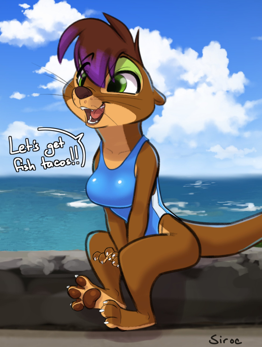 absurd_res anthro beach breasts brown_body brown_fur brown_hair clothing dialogue eyebrow_through_hair eyebrows eyelashes female fur green_eyes hair hi_res highlights_(coloring) lutrine mammal mustelid one-piece_swimsuit open_mouth outside pawpads purple_highlights river_otter seaside siroc sitting sofeia solo swimwear teeth translucent translucent_hair whiskers