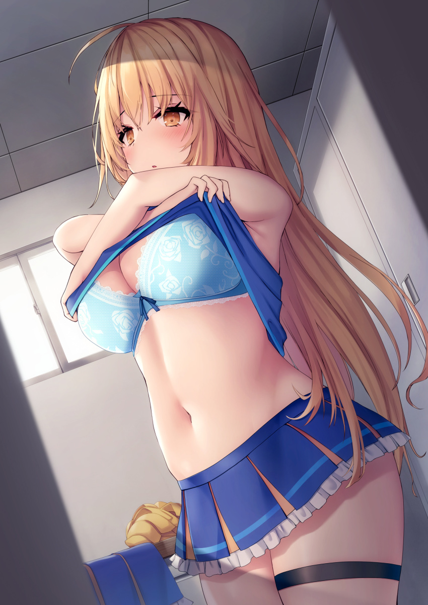 1girl absurdres ahoge bangs blonde_hair blue_bra blue_skirt blush bra breasts brown_hair ceiling cheerleader cleavage clothes_lift commentary_request crop_top eyebrows_visible_through_hair highres indoors lace-trimmed_bra lace_trim liya locker locker_room long_hair medium_breasts miniskirt navel original parted_lips pom_pom_(cheerleading) shirt_lift skirt solo standing stomach thigh_strap underwear undressing window