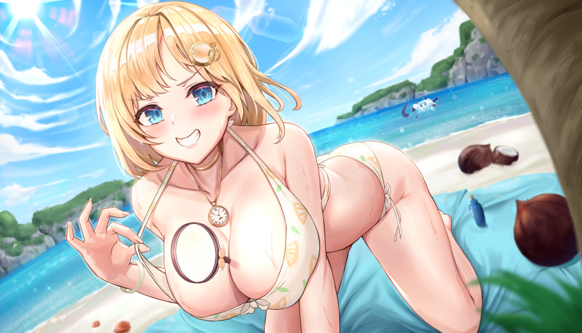 1girl absurdres bangs beach beach_mat between_breasts bikini blonde_hair blue_sky breasts cleavage cloud cloudy_sky coconut grin hair_ornament highres hololive hololive_english jewelry kuutamo large_breasts leaning_forward looking_at_viewer magnifying_glass monocle_hair_ornament necklace outdoors sand short_hair sky smile solo stopwatch swimsuit teeth virtual_youtuber watch water watson_amelia white_bikini