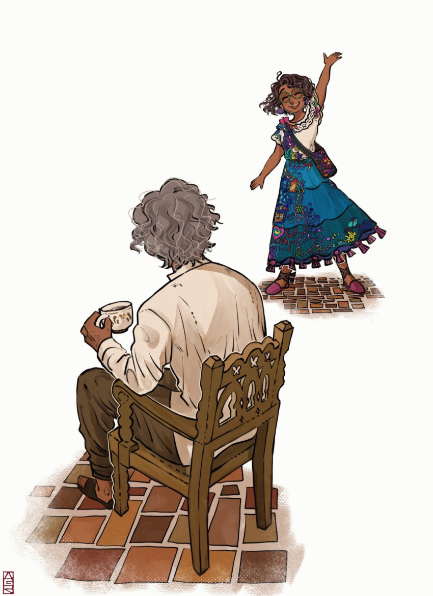 1boy 1girl alternate_universe ankle_strap aqua_skirt arm_at_side arm_up bag brown_pants chair character_name coffee_cup commentary cup dark-skinned_female dark-skinned_male dark_skin disposable_cup earrings embroidery encanto english_commentary floral_print from_behind full_body glasses grandfather_and_granddaughter green-framed_eyewear grey_hair heart heart_print highres holding holding_cup jewelry long_sleeves messy_hair mirabel_madrigal older on_chair outline pants pedro_madrigal pink_footwear pom_pom_(clothes) pom_pom_earrings sandals shirt shoes short_hair short_sleeves simple_background sitting skirt smile stone_floor tassel teeth upper_teeth waguri_341 waving white_background white_outline white_shirt