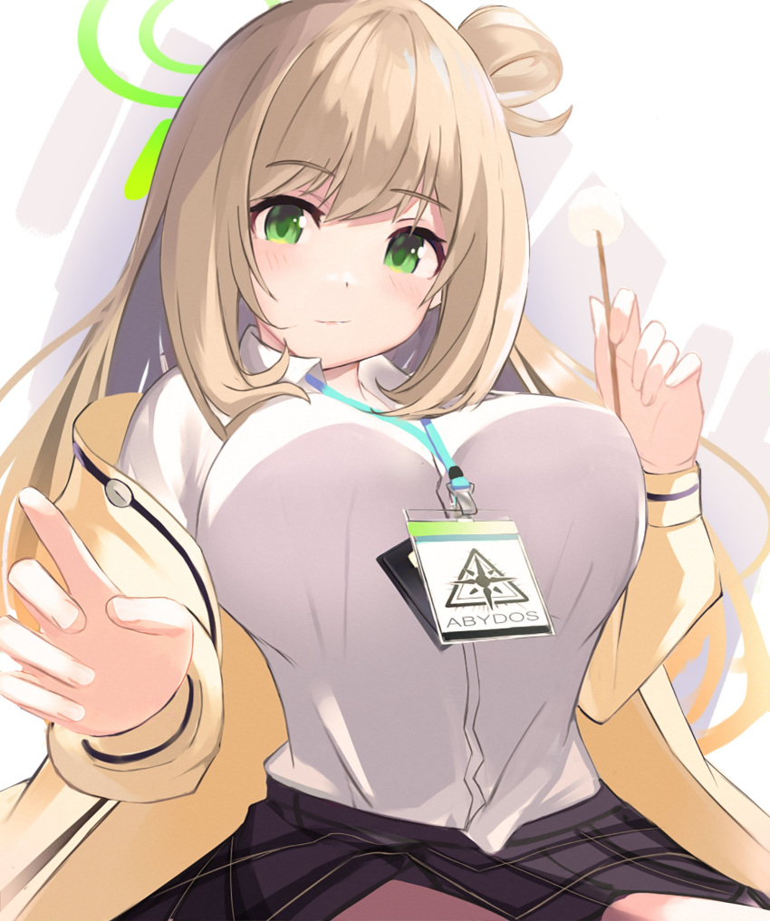 1girl bangs blonde_hair blue_archive breasts darudana eyebrows_visible_through_hair green_eyes halo highres id_card jacket lap_pillow_invitation large_breasts nonomi_(blue_archive) open_clothes open_jacket side_bun skirt