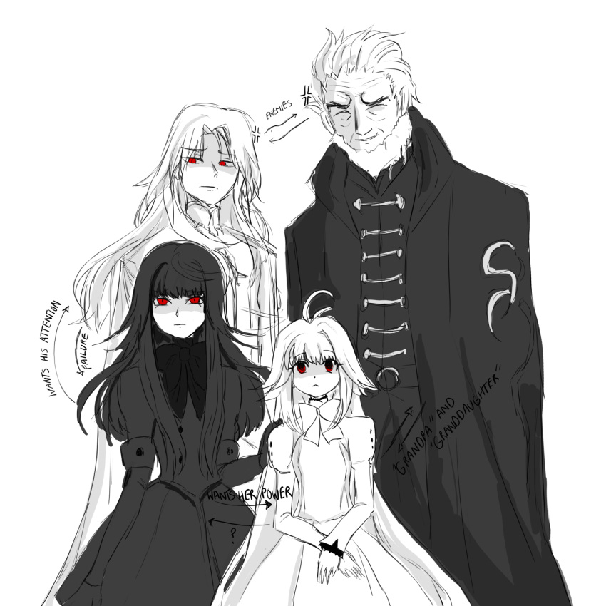 2boys 2girls altrouge_brunestud arcueid_brunestud black_cape black_dress black_hair blonde_hair brunestud_of_the_crimson_moon cape character_request closed_eyes dress facial_hair family fate_(series) father_and_daughter grandfather_and_granddaughter greyscale hair_intakes highres kischur_zelretch_schweinorg long_hair long_sleeves monochrome multiple_boys multiple_girls no_01r old old_man red_eyes shaded_face short_hair smile tsukihime very_long_hair white_cape white_dress