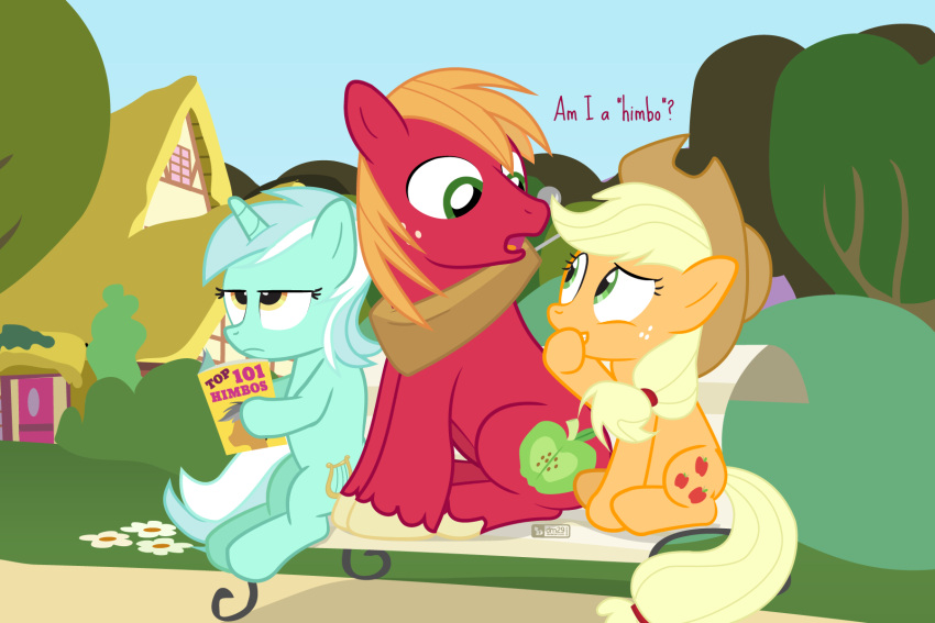 applejack_(mlp) bench big_macintosh_(mlp) blonde_hair book clothing cowboy_hat cutie_mark dm29 equid equine female freckles friendship_is_magic green_eyes hair hat headgear headwear hi_res himbo horn lyra_heartstrings_(mlp) male mammal my_little_pony sitting unicorn yoke