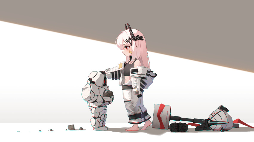 1girl arknights bandaid bandaid_on_cheek bandaid_on_face bangs bare_shoulders barefoot black_gloves black_tank_top blush closed_mouth commentary crop_top eyebrows_behind_hair gloves hair_between_eyes hammer headpat highres horns jumpsuit kasasasagi long_hair long_sleeves mudrock_(arknights) navel open_jumpsuit pink_hair pointy_ears red_eyes sledgehammer sleeves_past_wrists standing tank_top white_jumpsuit