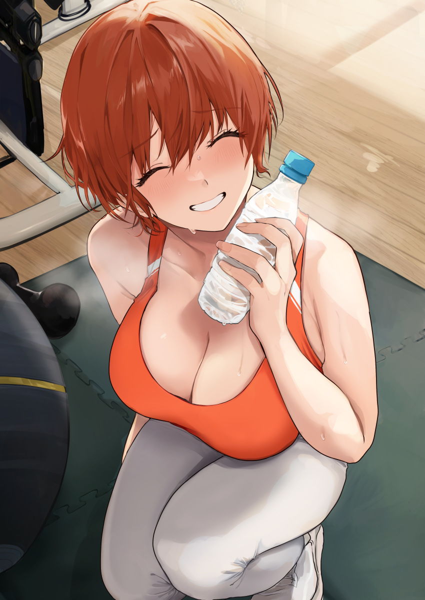 1girl absurdres akito_(d30n26) ball bangs bare_shoulders bottle breasts breath cleavage closed_eyes collarbone dumbbell exercise_ball eyebrows_visible_through_hair from_above grin hair_between_eyes highres holding holding_bottle large_breasts looking_at_viewer looking_up nagi_(akito) orange_sports_bra original pants raised_eyebrows red_hair short_hair smile solo sports_bra sportswear squatting sweat water_bottle yoga_mat yoga_pants