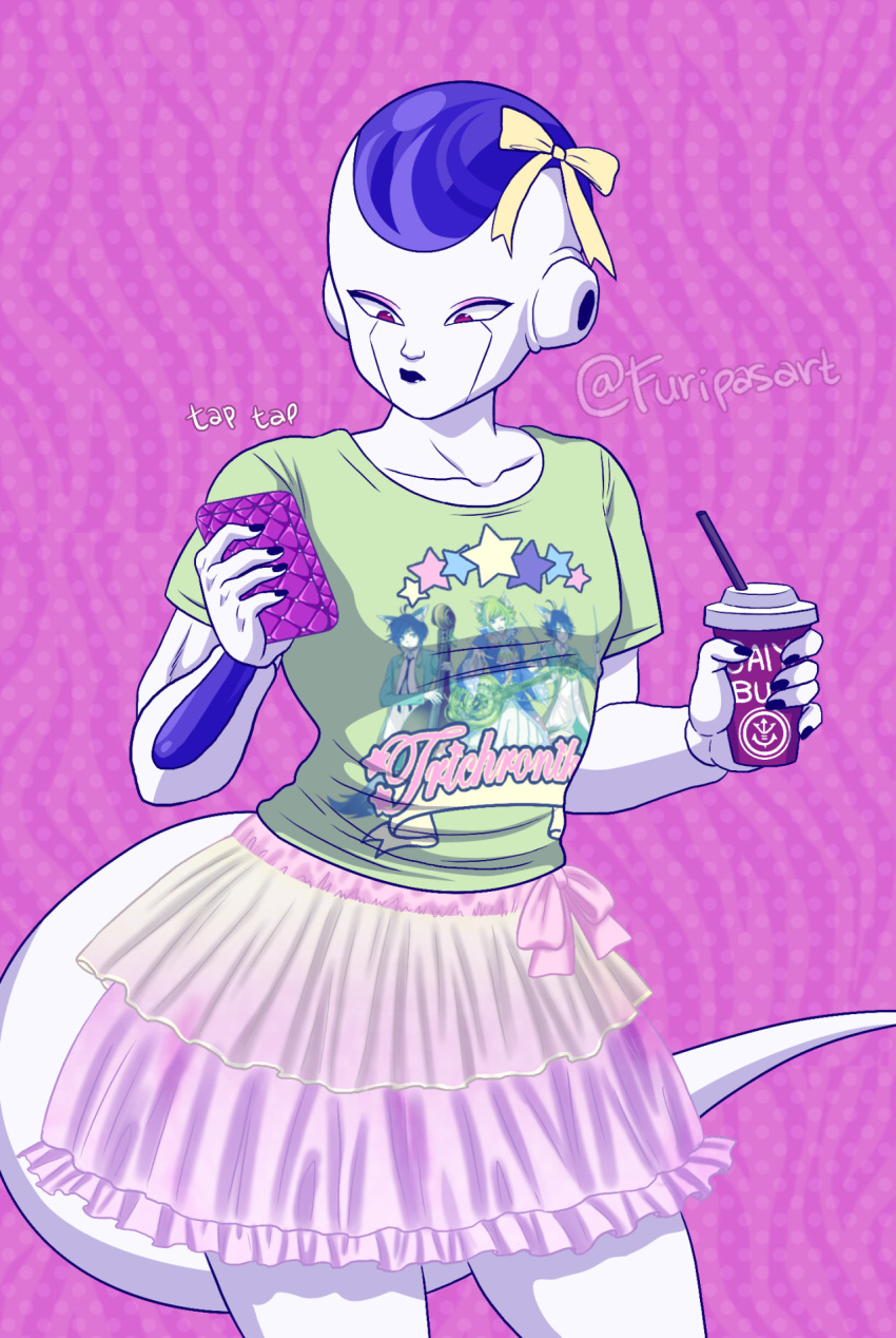 alien beverage bottomwear cellphone clothed clothing container crossdressing cup dragon_ball eyeshadow frieza frieza_race furipasart hi_res makeup male phone pink_eyes pink_eyeshadow purple_body purple_skin ribbons signature skirt white_body white_skin