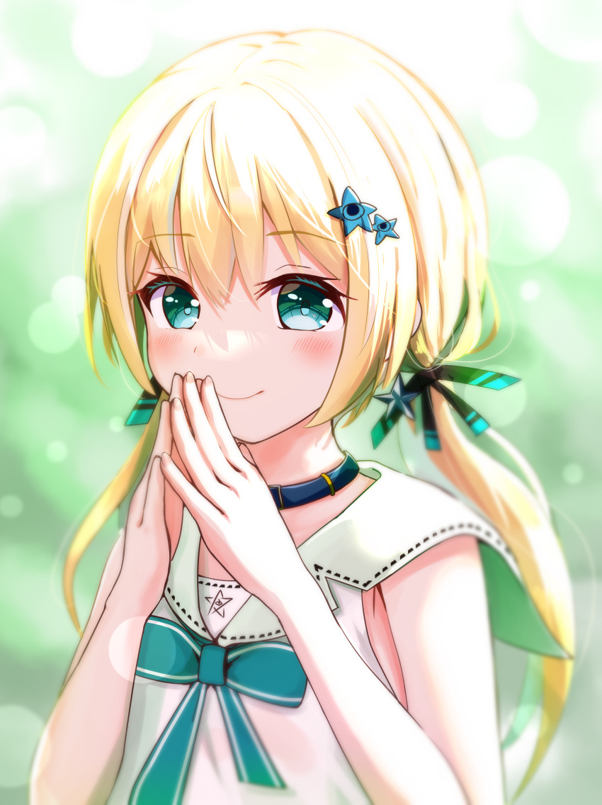 1girl absurdres bangs blonde_hair blush closed_mouth fingers_together green_eyes green_neckwear hair_ornament highres looking_at_viewer ontake2009 shinengumi sleeveless smile solo star_(symbol) star_hair_ornament suzukaze_shitora twintails upper_body virtual_youtuber