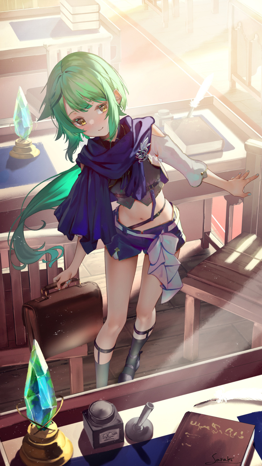 1girl bag bangs black_legwear blue_nails blue_scarf blue_shorts book closed_mouth commentary_request crop_top green_hair highres holding holding_bag indoors kneehighs leaning_to_the_side light_blush long_hair looking_away midriff nail_polish navel original saraki scarf short_shorts shorts smile sock_garters solo standing very_long_hair wooden_chair yellow_eyes