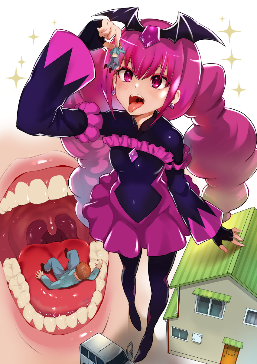 1boy 1girl absurdres arm_up bad_end_happy bangs black_gloves bodysuit card commission diamond_(shape) earrings fingerless_gloves giant giantess gloves highres house jewelry long_hair long_sleeves open_mouth pink_eyes pink_hair precure pukara skeb_commission smile_precure! sparkle standing teeth tongue tongue_out twintails uvula very_long_hair vore