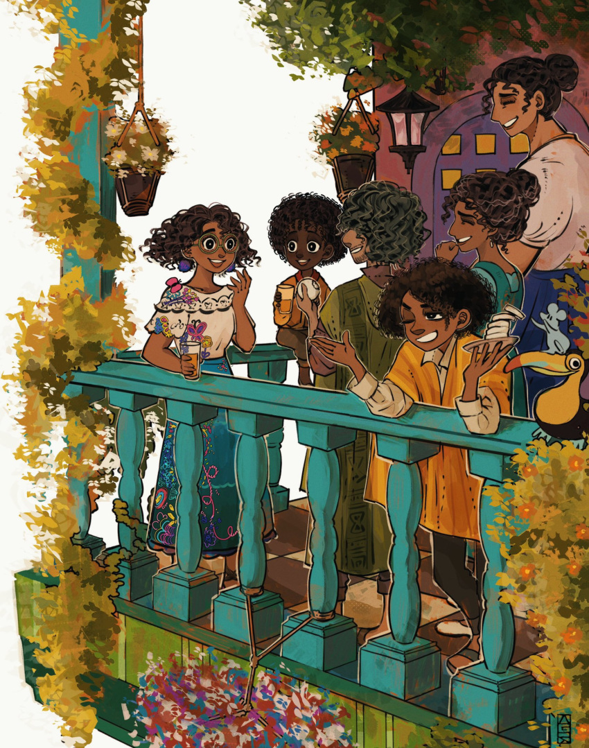 3boys 3girls antonio_madrigal aqua_skirt arepa arm_support balcony bird bird_request black_eyes blue_skirt brother_and_sister brothers brown_hair bruno_madrigal camilo_madrigal checkered_floor cousins cup curly_hair dark-skinned_female dark-skinned_male dark_skin door drink drinking_glass earrings embroidery encanto family flower_pot food furrowed_brow glass hair_bun hair_over_eyes hand_up height_difference highres holding holding_cup hourglass_print jewelry julieta_madrigal lamp laughing leaning_forward looking_afar luisa_madrigal mirabel_madrigal mother_and_daughter mouse multiple_boys multiple_girls neckerchief one_eye_closed open_mouth plant pom_pom_(clothes) pom_pom_earrings poncho profile railing round_teeth short_hair short_sleeves siblings simple_background sisters skirt smile smirk teeth uncle_and_nephew uncle_and_niece very_dark_skin waguri_341 wall_lamp white_background