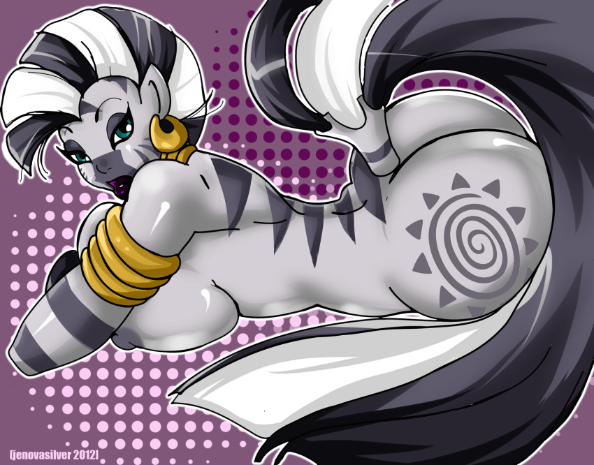 animal_humanoid areola big_butt blue_eyes breasts butt cutie_mark ear_piercing ear_ring friendship_is_magic gold_(metal) gold_jewelry hasbro hi_res humanoid jenovasilver jewelry lips lipstick lying makeup my_little_pony nipples nude on_front piercing purple_lips purple_lipstick solo stripes zecora_(mlp)